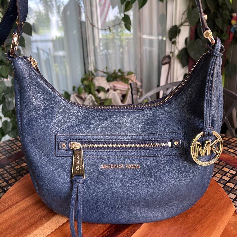 Michael Kors Rhea Blue Pebbled Leather Hobo Shoulder CB Bag